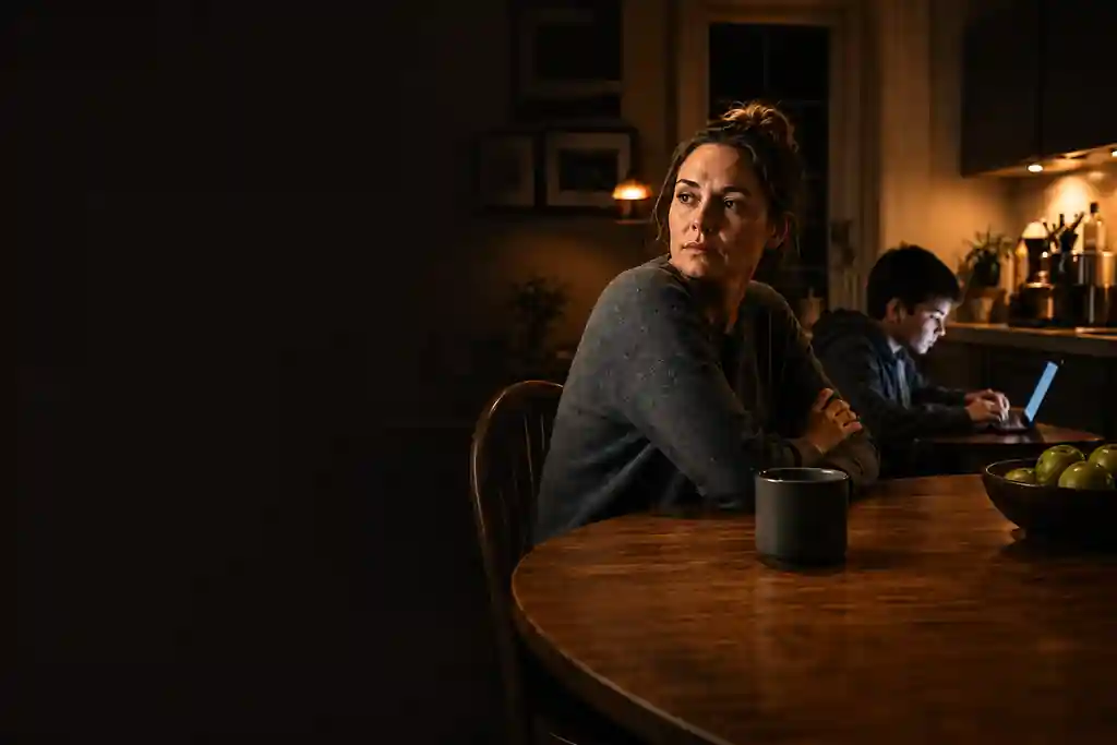 A mother sits at a kitchen table while a child uses a laptop behind her, illustrating the quiet presence of AI and digital technology in family life.